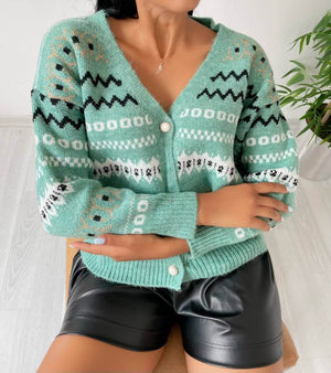 Cardigan din Lana cu Nasturi - Gri, Verde-3