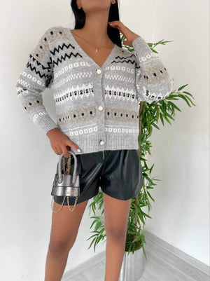 Cardigan din Lana cu Nasturi - Gri, Verde-6