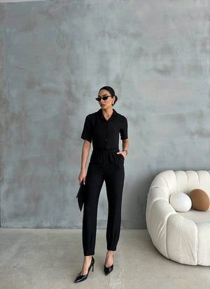 Set Dama din Bumbac (Pantalon & Bluza) - Negru-4