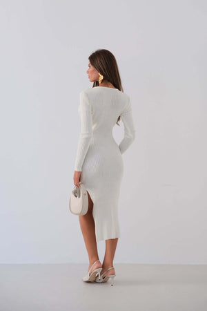 Rochie Midi Tricot cu Fanta - Alba-5