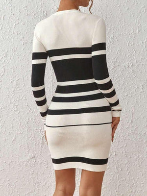 Rochie Dama Midi Tricot, in Dungi Alb-Negru-2