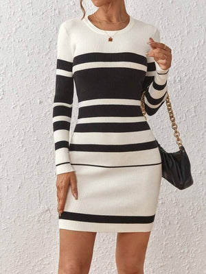 Rochie Dama Midi Tricot, in Dungi Alb-Negru-3