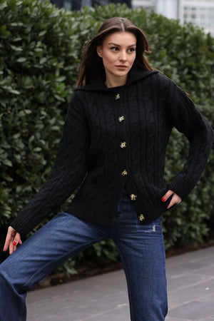 Cardigan negru dama cu guler structurat stil urban office