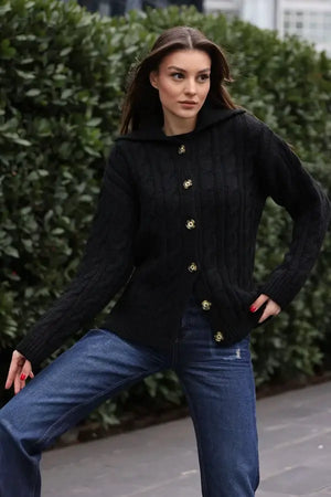 Cardigan negru dama cu guler structurat stil urban office