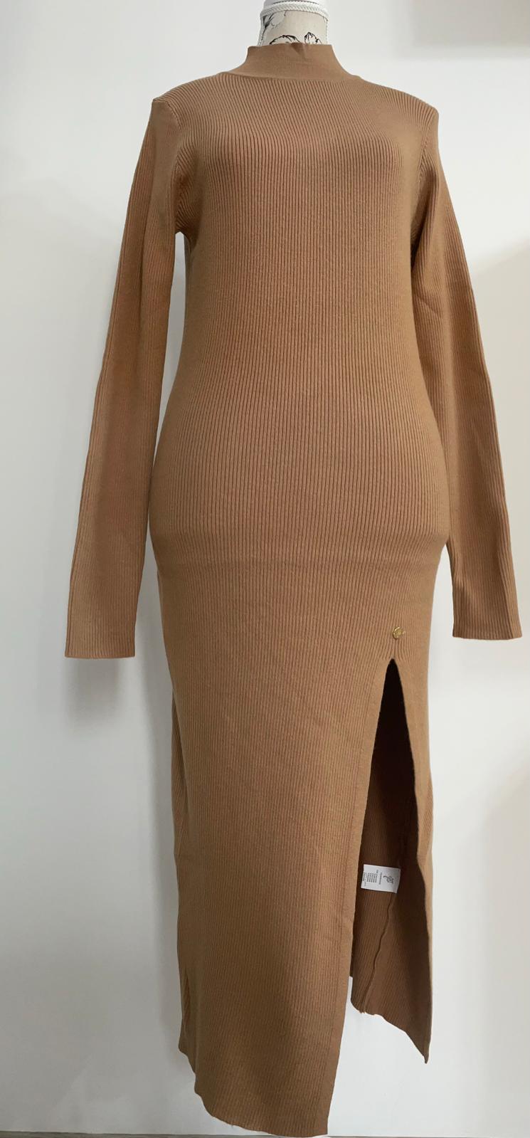 Rochie Midi "Gabrielle" din Tricot cu Fanta - Mov, Bej-2