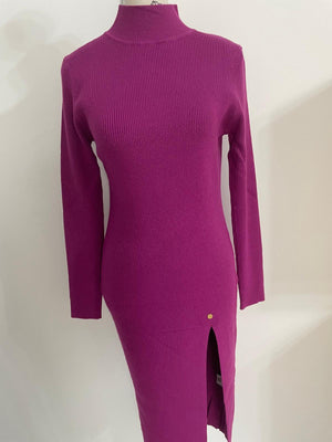 Rochie Midi "Gabrielle" din Tricot cu Fanta - Mov, Bej-3