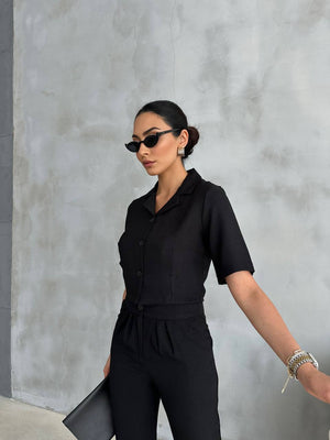 Set Dama din Bumbac (Pantalon & Bluza) - Negru-1