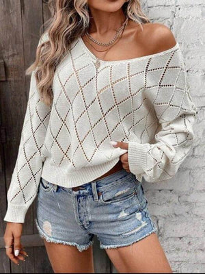 Pulover Tricot, cu model si decolteu in V, Bej-2