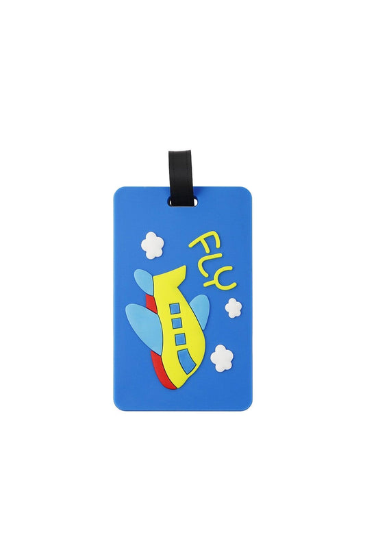 Blue silicone luggage tag with airplane design and text "Fly", ideal for easy identification and travel security.