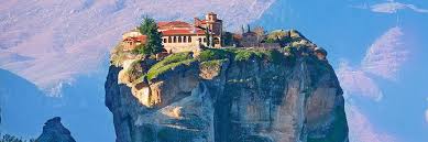 "Meteora monastery perched on a high rock formation in Greece"