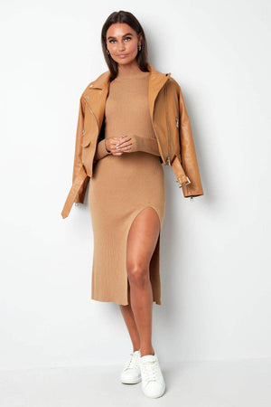Rochie Midi "Gabrielle" din Tricot cu Fanta - Mov, Bej-4