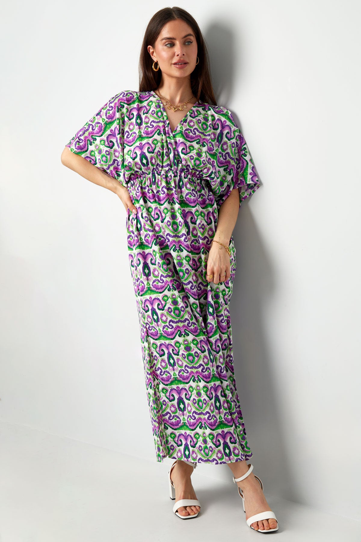 Rochie Maxi - tipar traditional - Verde-Violet, Rosu-Albastru-2