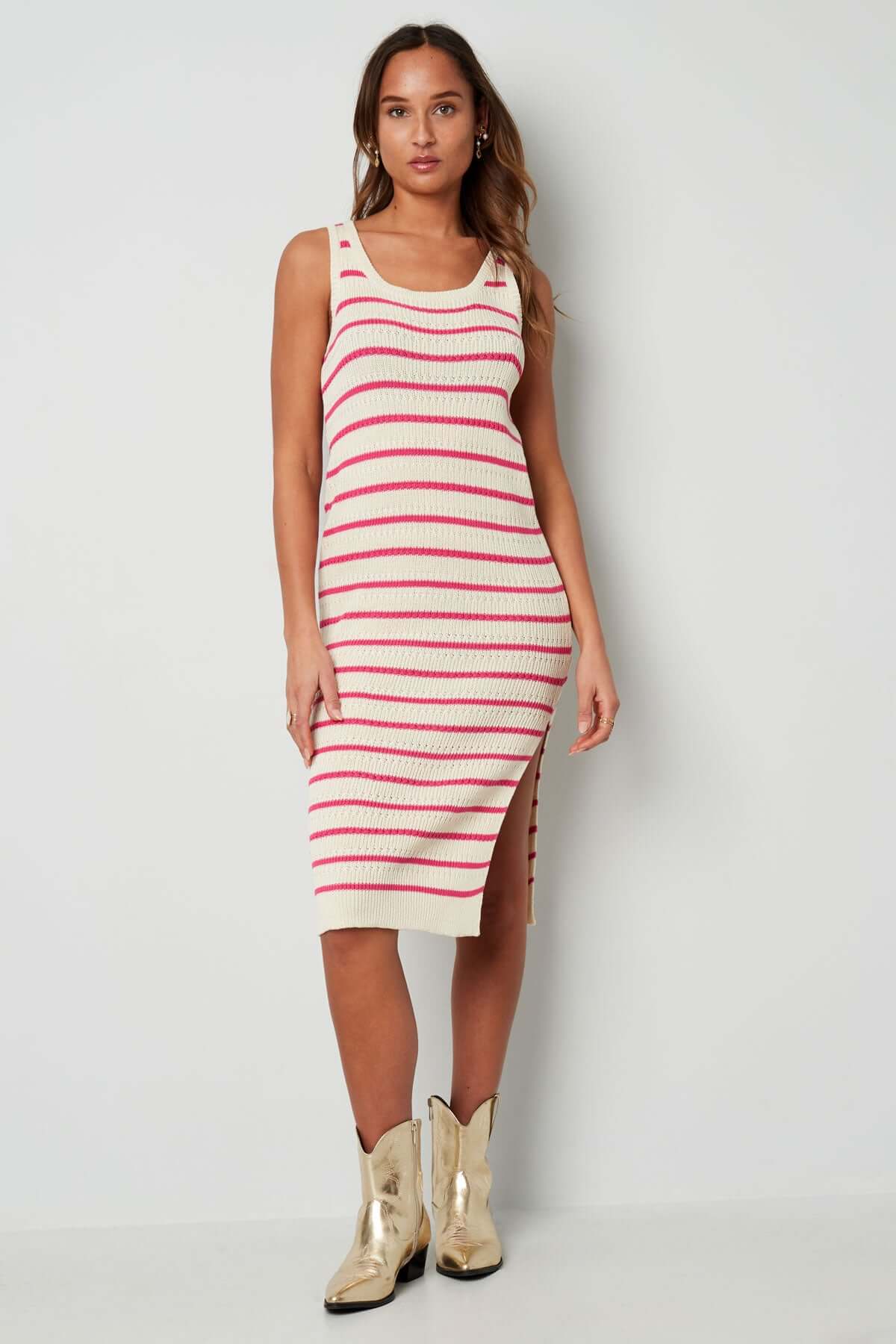 Rochie din Bumbac in Dungi - Roz, Verde-1