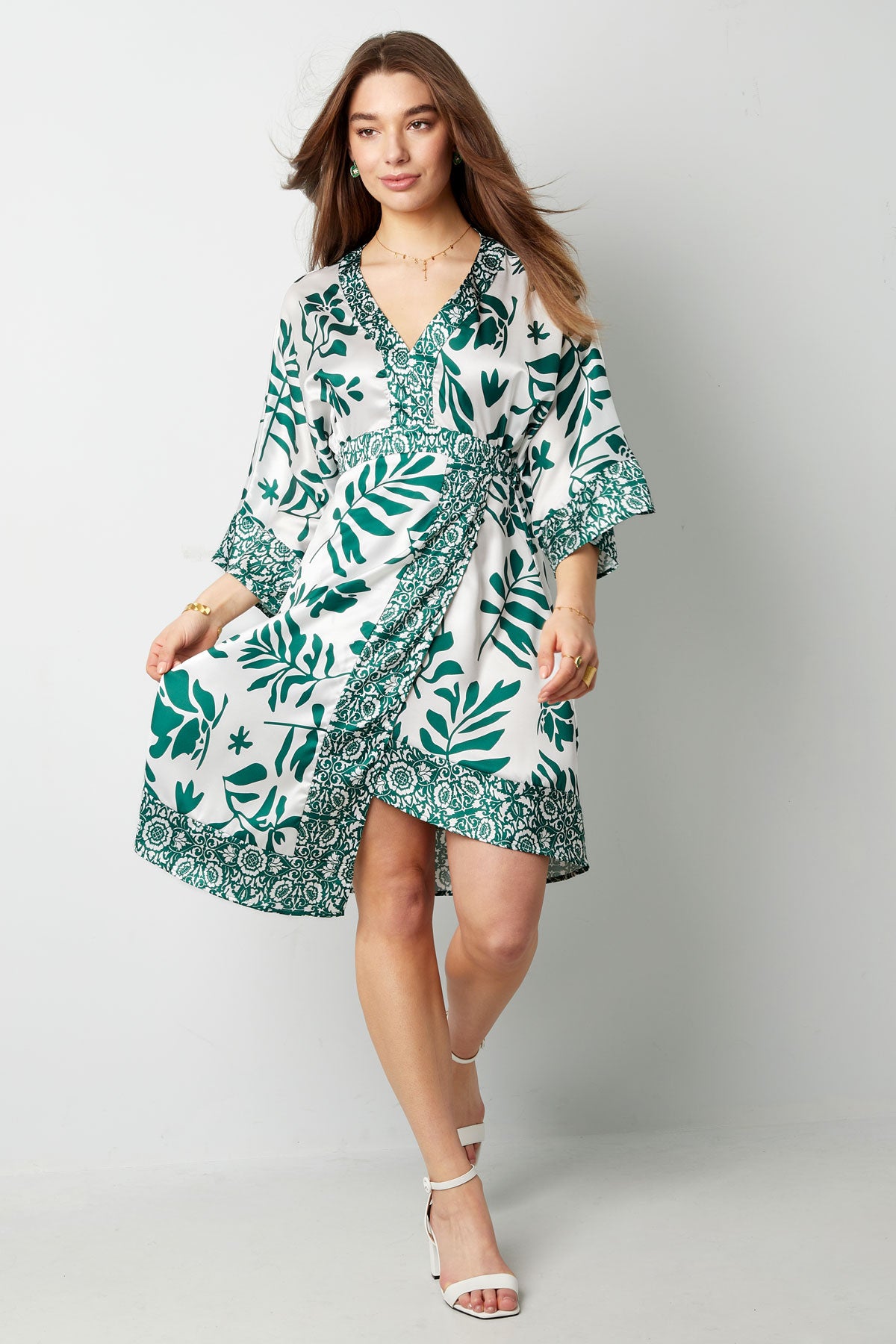 Rochie Midi - Motiv Floral - Albastru, Verde