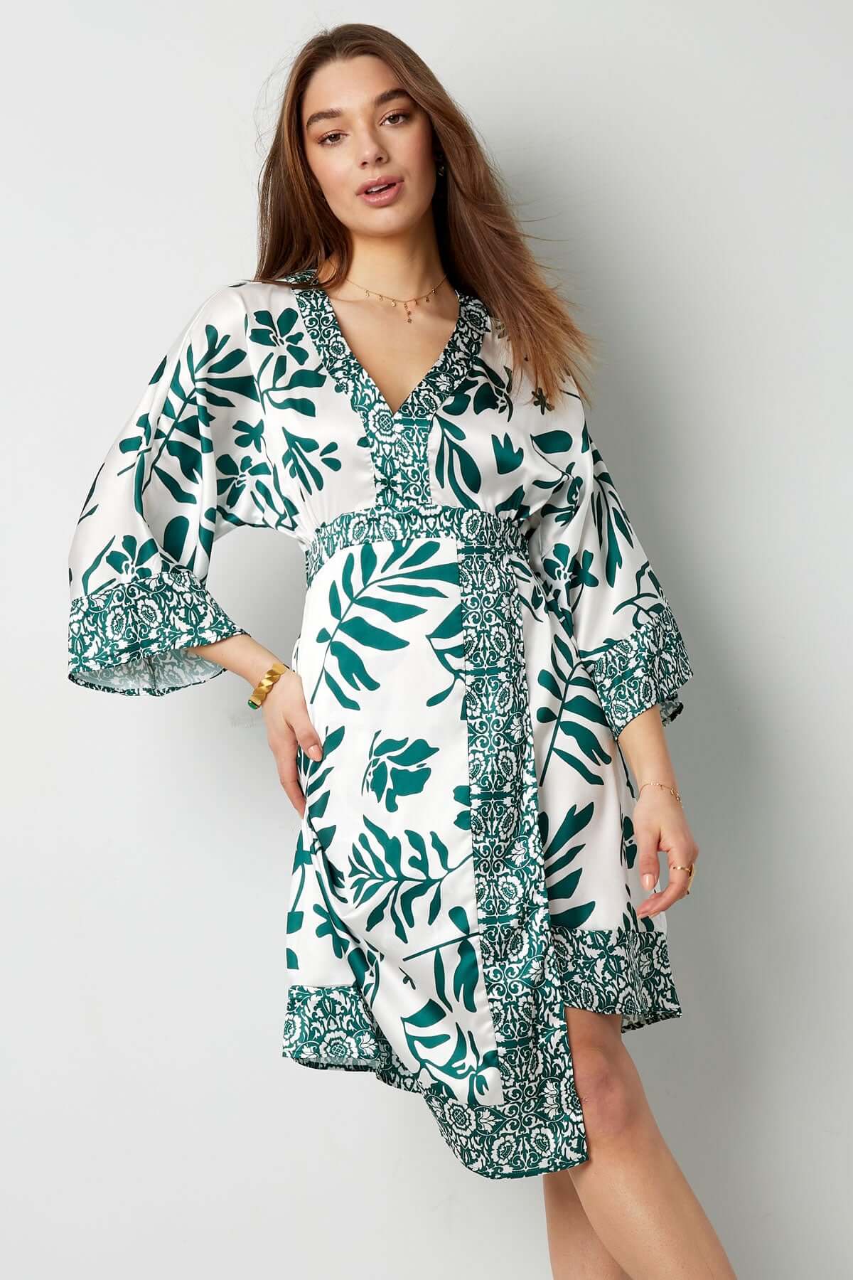 Rochie Midi - Motiv Floral - Albastru, Verde-2