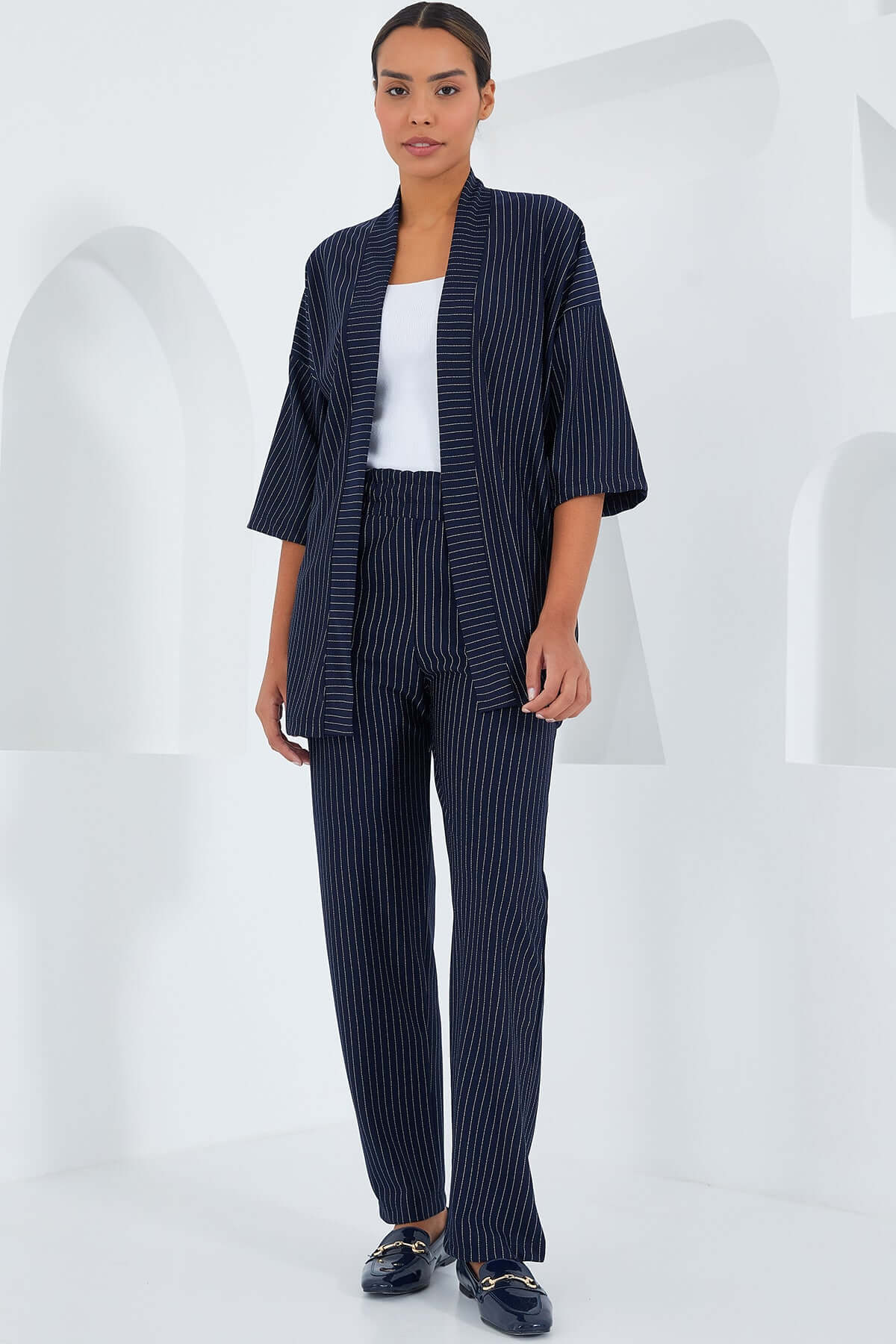 Set Dama - Pantalon & Jacheta - Black & White Stripes-1