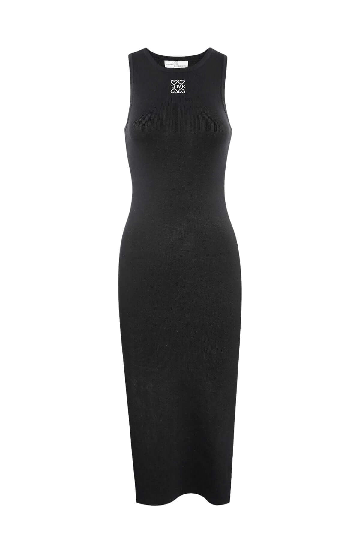 Maxi black bodycon dress with round neckline and elegant cutouts, perfect for parties or romantic dinners.