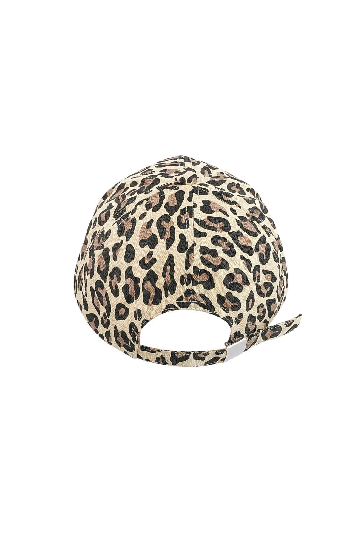 Back view of a leopard print cotton cap in beige and brown, perfect for casual outings.