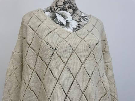 Pulover Tricot, cu model si decolteu in V, Bej-1